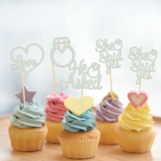 Gyufise 24 Pack Silver Glitter He Asked She Said Yes Cupcake Toppers Diamond Ring Heart Cake Picks for Wedding Engagement Party Cake Decorations