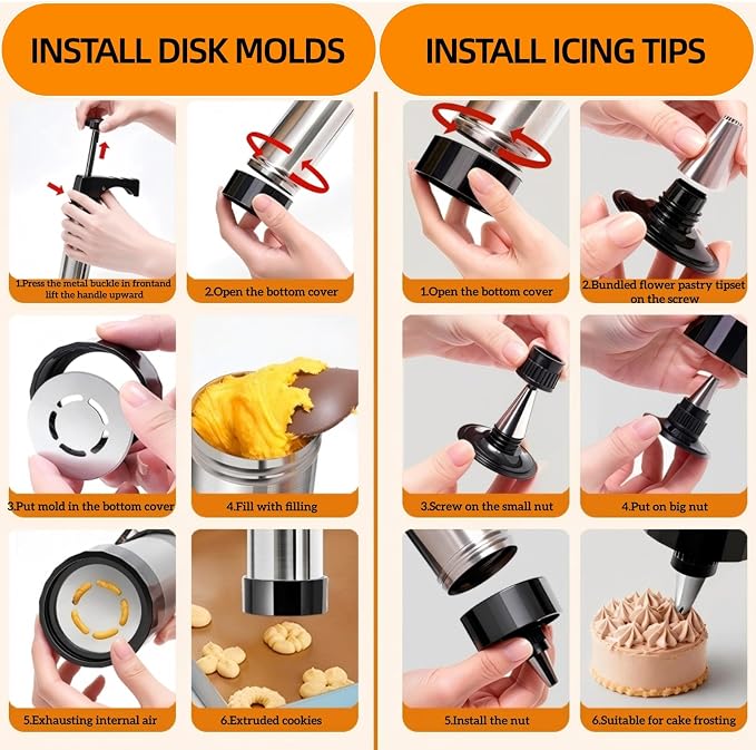 Cookie Press Gun Kit, Spritz Cookie Maker with 13 Discs & 8 Icing Tips, 2 Donut Molds & Piping Bags, Stainless Steel Baking Set for Cookies, Donuts, Churros & Cake Decorating