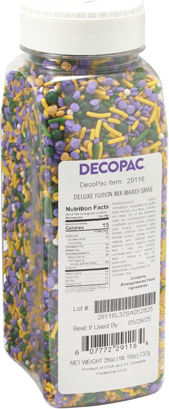DECOPAC Mardi Gras Deluxe Fusion Mix Candy Sprinkles, 26oz, Edible Sprinkles in Handheld Container, Sugar Cake Decorations For Celebration Cakes, Cupcakes, Cookies, Ice-cream, and Donuts