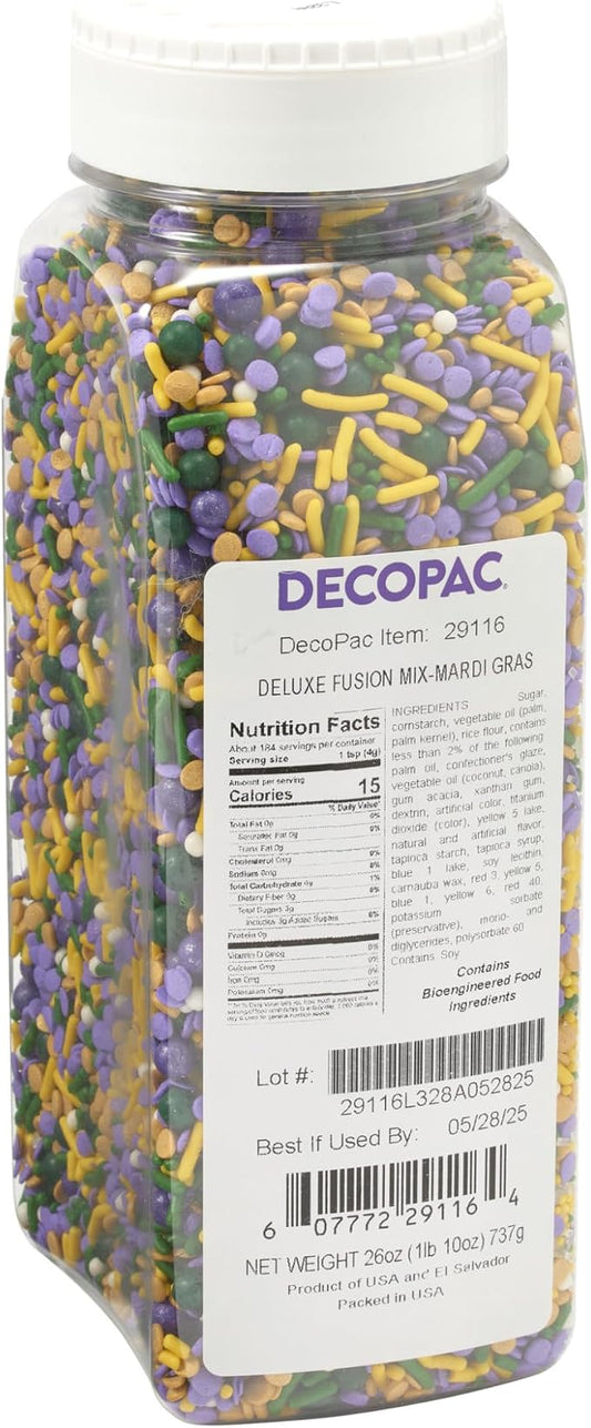 DECOPAC Mardi Gras Deluxe Fusion Mix Candy Sprinkles, 26oz, Edible Sprinkles in Handheld Container, Sugar Cake Decorations For Celebration Cakes, Cupcakes, Cookies, Ice-cream, and Donuts