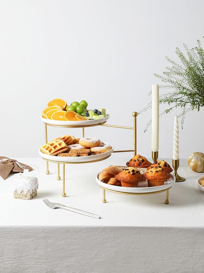 Kanwone 3 Tiered Serving Stand with White Porcelain Plates, 10" Round Tray, dessert table display set, Gold Metal Stand, Versatile & Durable