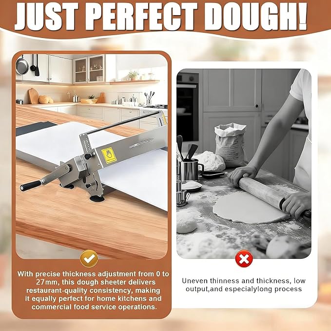 Manual Dough Roller Machine, Stainless Steel Folding Dough Sheeter with 0-27mm Thickness Adjustment, Press Board Included, for Pizza, Croissant, Puff Pastry, Home & Commercial Bakery