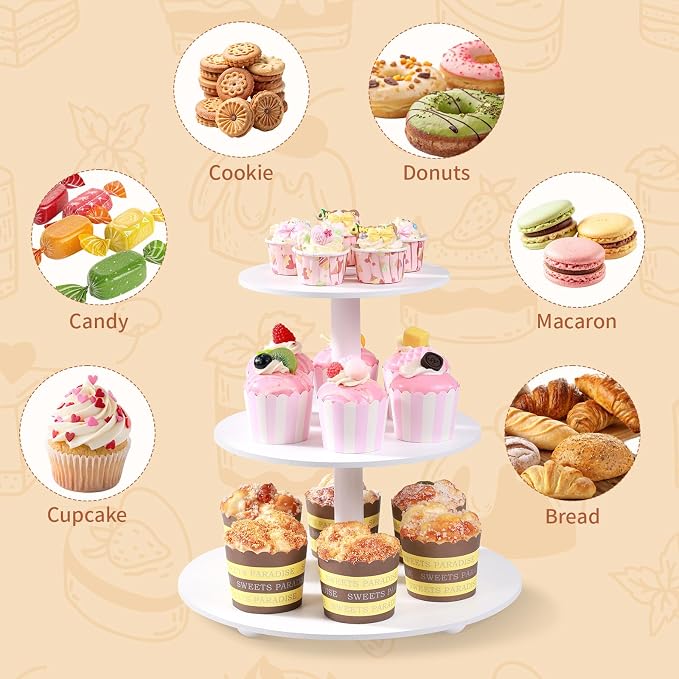 VIVIRBIEN 3-Tier Wooden Cupcake Stand:12in White Round Tiered Cake Stand,Dessert Display for 33 Cupcakes,Easy to Assemble and with Instruction,Cupcake Tower for Wedding/Party/Birthday/Decor