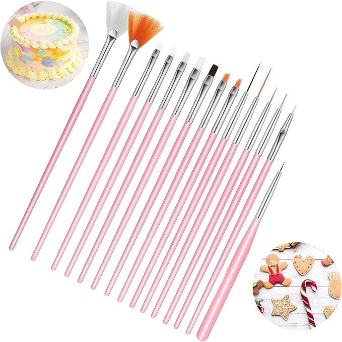 15 Pcs Food Safe Paint Brushes, Pink Sugar Cookie Decorating Brushes Kit Multifunctional Cake Decorating Food Grade Paint Brush for Professionals Beginners Making Candy Cakes Cookie DIY Crafts