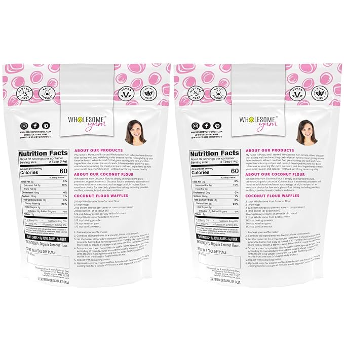Wholesome Yum Premium Organic Coconut Flour For Baking & More (16 oz / 1 lb) - Low Carb, Gluten Free, Non GMO, Keto Friendly Flour Substitute (Pack of 2)