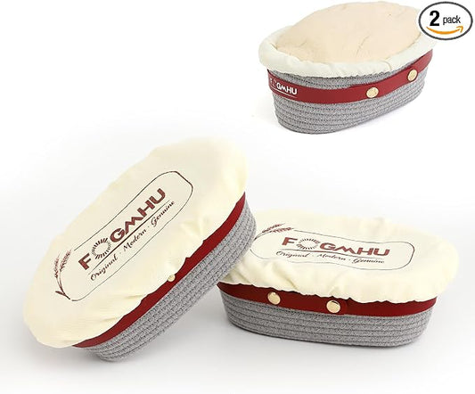 2-Pack Banneton Bread Proofing Baskets – Sourdough Starter Kit for Home Bakers, Cotton Rope Bannetons with Liners, Hanging Hooks, Dough Guide (10" Oval)