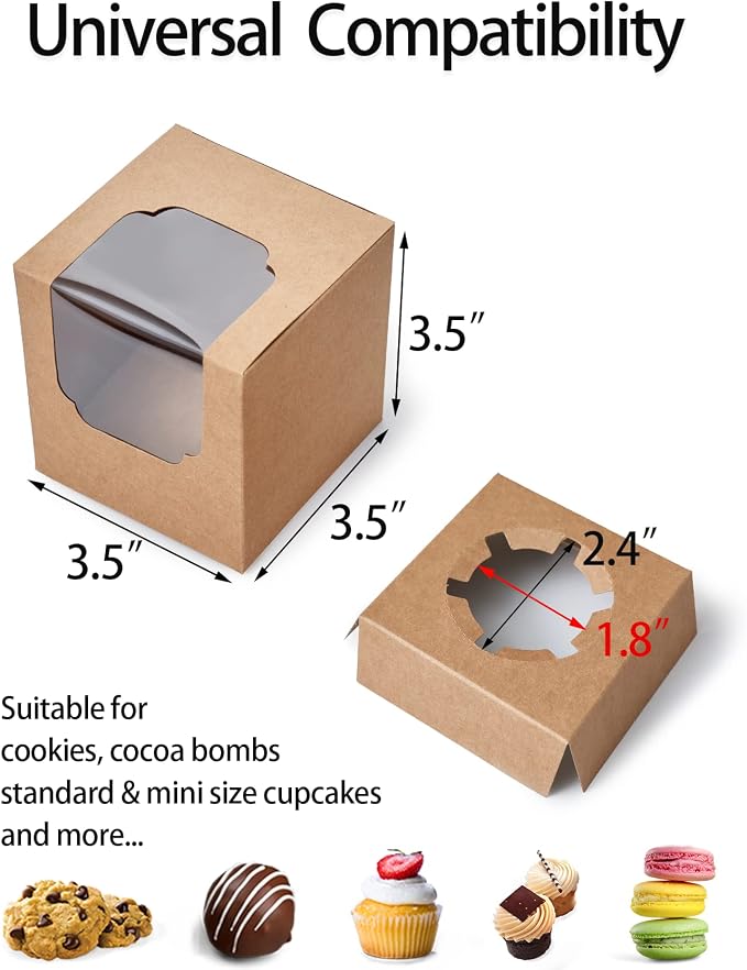 Happyhiram Cupcake Boxes 100 Pcs Bulk Brown Kraft IndividualBox, Single Containers Paper Holders with Inserts and Window for Muffins Cocoa Bombs Packaging Togo Boxes for Birthdays Showers Party Favor