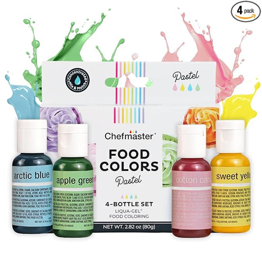 Chefmaster - Pastel Easter Colors Liqua-Gel Food Coloring Kit - Water-Based Food Coloring Gel - 4 Pack - Highly Pigmented, Create Vividly Colored Desserts, Easy-To-Blend Formula - Made in the USA