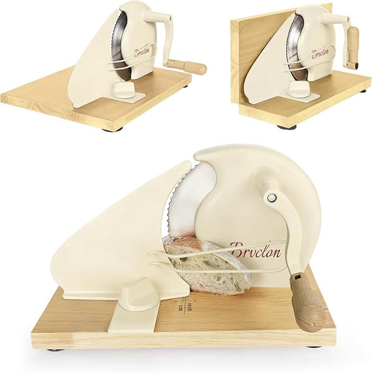 Foldable Manual Bread Slicer with Wooden Board & Foldable Handle,0-0.9" Adjustable Thickness,Serrated Blade & Suction Cup,Bread Slicer for Homemade Sourdough Bread,Soft Bread,Bagels,and More