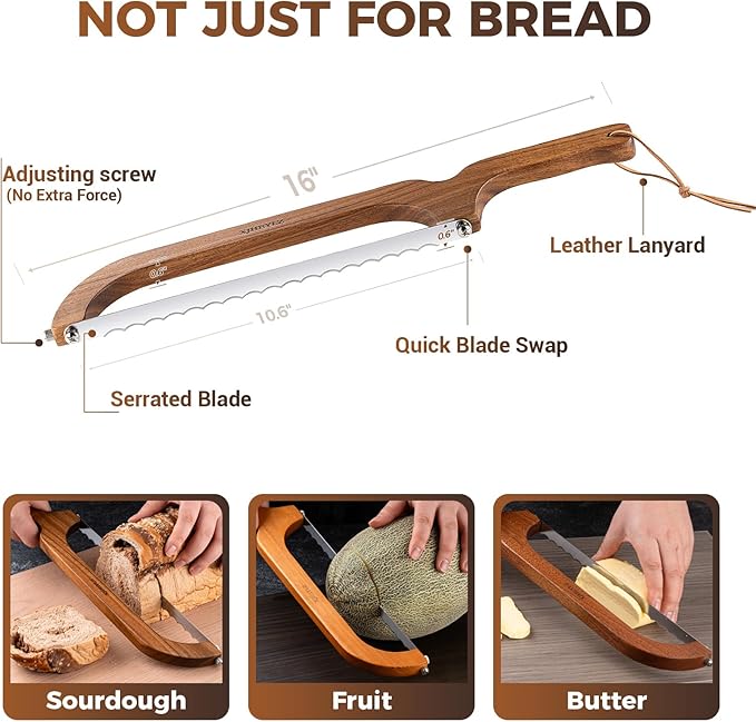 Sourdough bread knife,Bread Slicer for Homemade Bread,Adjustable blade tightness for Even Slicing, Serrated knife,Wooden Bread cutter with Bow Design (3, brown)