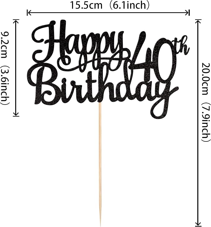 1 PCS Happy 40th Birthday Cake Topper Glitter Cheers to 40 Years Birthday Cake Pick 40 Fabulous Cake Decoration for Happy 40th Birthday Anniversary Party Decorations Supplies Black