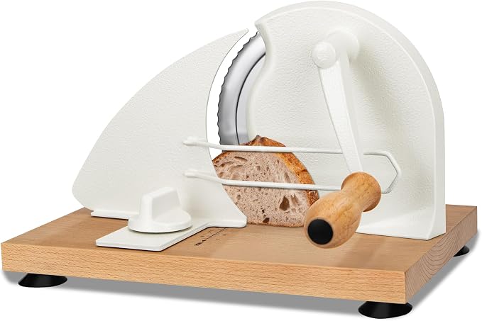 Manual Bread Slicer for Homemade Sourdough Bread, Adjustable Thickness Bread Cutter with Hand Crank, Slicing Guide, Scale Line, Stainless Steel Blade & Suction Cups, for Perfect Even Slices (Cream)