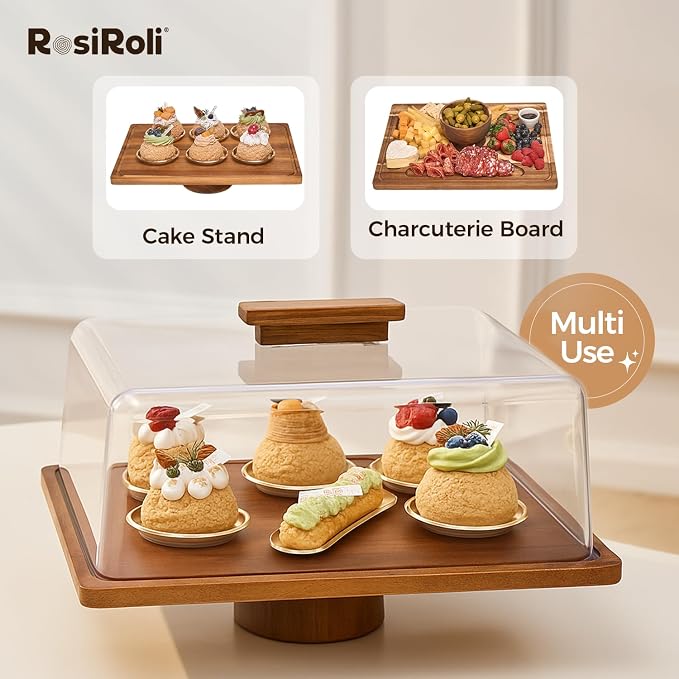 Acacia Wood Cake Stand with Lid, 2-in-1 Rectangular Charcuterie Board & Dessert Display with Shatterproof Acrylic Dome Cover, Serving Platter for Outdoor Entertaining, Wedding Receptions