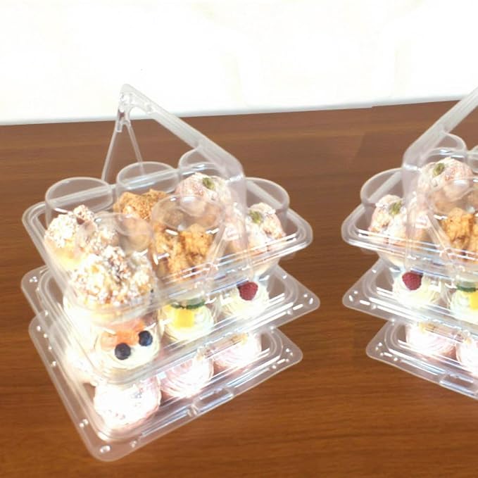 6-Cavity Clear Cupcake Containers,Cupcake Carton With Handle(50pc) | 6-Compartment Cupcake Containers With Handle, TClear Plastic Cupcake Cartons With Lid, Cake Rack For Cake Shops And Bakeries
