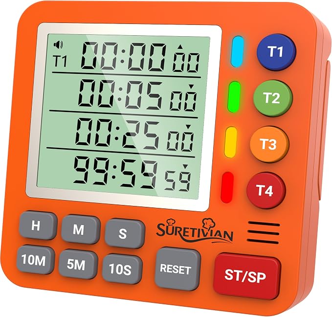 Digital Kitchen Timer for Cooking - 4 Channel Count Up Countdown Timer with Loud Alarm and Silent Mode, Large Display, Magnetic Back, Auto Memory for Classroom Study Gym, Battery Included (Orange)