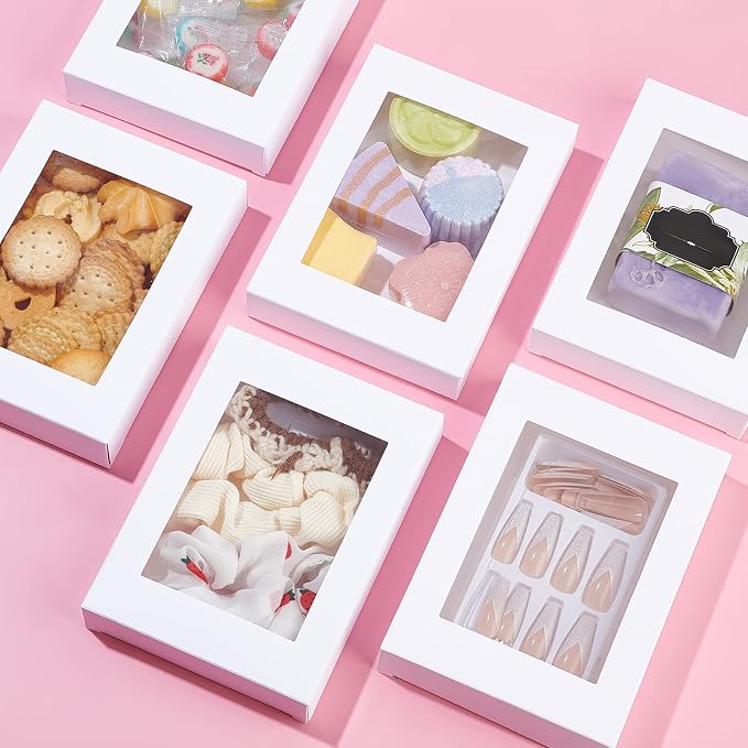 BENECREAT 24Packs 3.9x3.2x0.8inch Clear PVC Rectangle Window Gift Boxes, White Kraft Paper Present Boxes for Wedding Gift, Chocolates, Cookies and Other Small Crafts