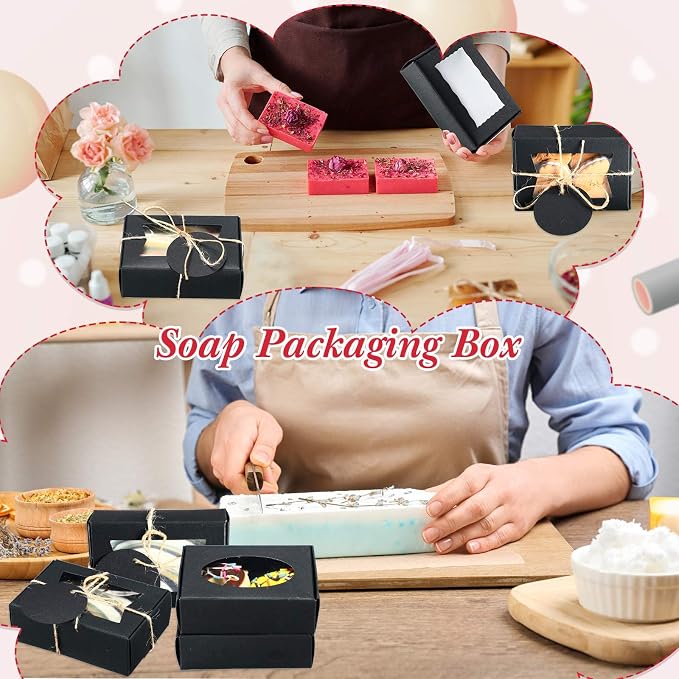 Yexiya 60 Pcs Homemade Soap Boxes 3.55 x 2.4 x 1.2 Inch Kraft Soap Box with Window Mini Gift Packaging Supplies for Homemade Bakery Candy Cookies Party Favor(Black)