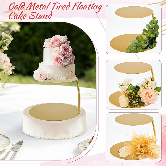 LemonRoad 6''+8'' Gold Floating Cake Stand 2 Tier Metal Wedding Cake Stand Spacer Separator Round Decorative Dessert Display Riser Pastry Holder for Birthday Anniversary Party Centerpiece (Classic)