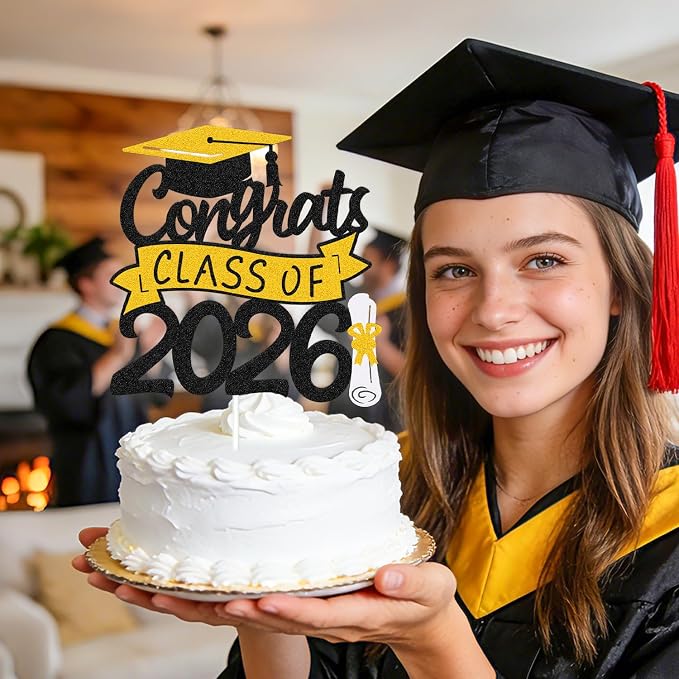 Congrats Class of 2026 Cake Topper Congrats Grad Cap Diploma Theme for High School Happy Graduation Party Supplies College Graduate Decoration (Gold)