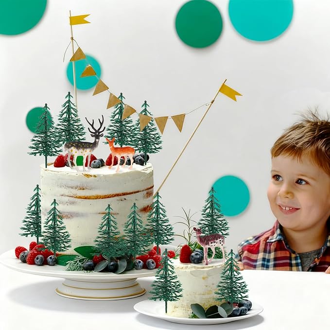 15PCS Deer Cake Topper Tree Cake Topper Christmas Cakes Decorations with Mini Tree Deer Figurine for Birthday Party Decorations Hunting Themed Decor Christmas Party Supply