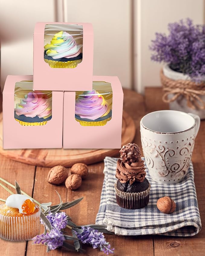 Bakepacker Auto-pop up Cupcake Boxes 30-Packs Individual Cupcake Container Pink 3.5" x 3.5" x 3.5" Single Cupcake Boxes