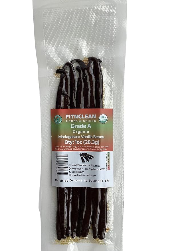 1oz. Madagascar Organic Vanilla Beans Gourmet Grade A. Certified USDA Organic 6"-7.5" by FITNCLEAN VANILLA for Cooking, Brewing, Extract Fresh Bourbon NON-GMO Whole Pods