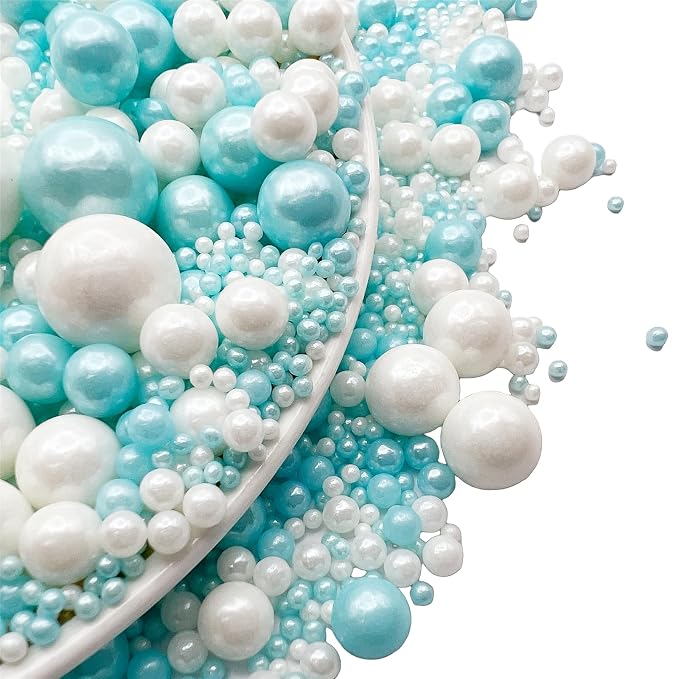 SE Si&Moos Baby Blue and White Pearl Sprinkles for Cake Decorating White Edible Pearl Cake Decorations Light Blue Sprinkles for Cake, Cupcake, Baby Shower Birthday Party Holiday Christmas Supplies 3.5 OZ