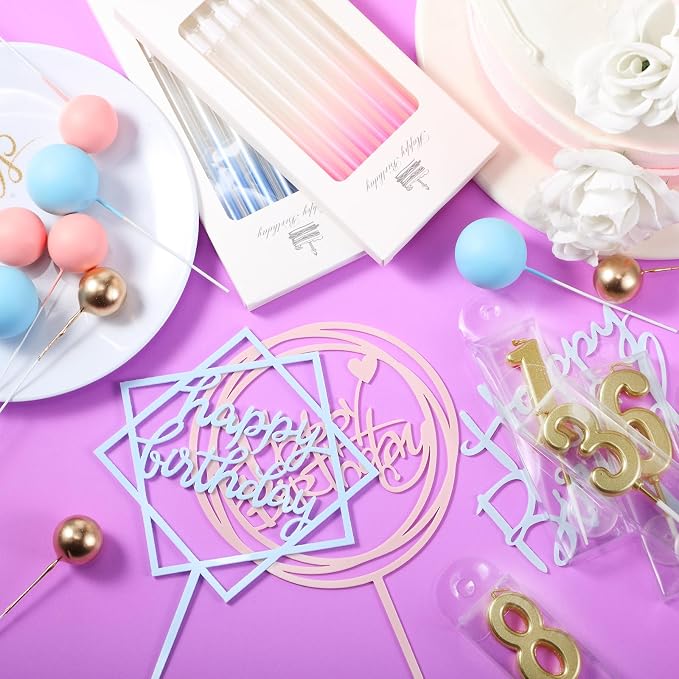 Yerliker 34 Pcs Happy Birthday Cake Toppers Decorations Birthday Candles DIY Cake Decor for Men Women Wedding Anniversary(Blue Pink)