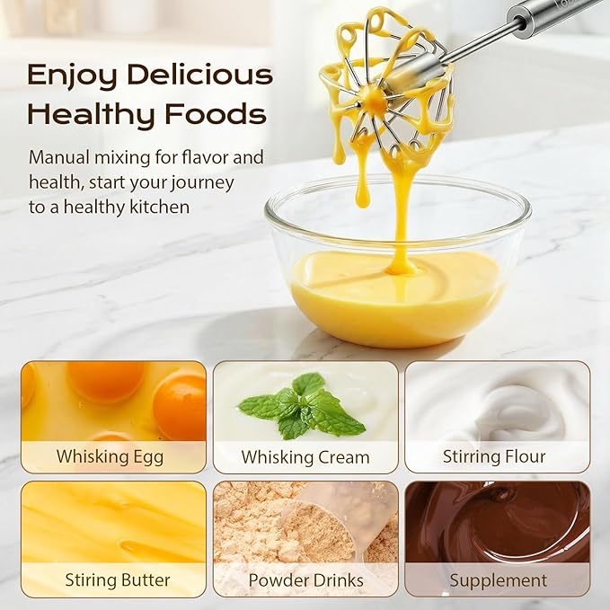 Upgraded Stainless Steel Semi-Automatic Whisk, Easy Push Hand Whisks for Eggs, Cream, Coffee & Light Mixing, Easy Clean Kitchen Whisk for Everyday Cooking (10+12in)