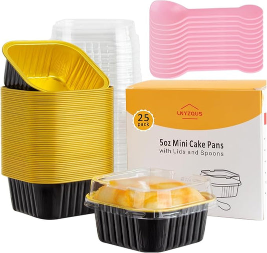 LNYZQUS 5oz Mini Cake Pans with Lids 25 Pack, Foil Baking Cups Small Muffin Tin Single Cupcake Containers, Square Individual Pan for Oven, Disposable Ramekins for Halloween Baking Gifts-Black