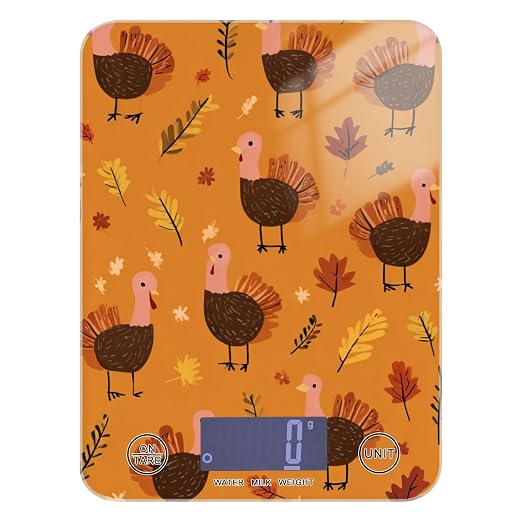 Food Scale Kitchen Scale for Baking Cooking Digital Food Weighing Measuring Scale Small Waterproof Electric Food Scale Orange Thanksgiving Turkeys and Autumn Leaves