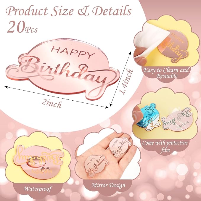 20 Pcs Mirror Acrylic Happy Birthday Cupcake Toppers Pink Happy Birthday Cake Topper Engraved Mini Cake Picks for DIY Birthday Gift Flower Bouquet Pastries Desserts Decor