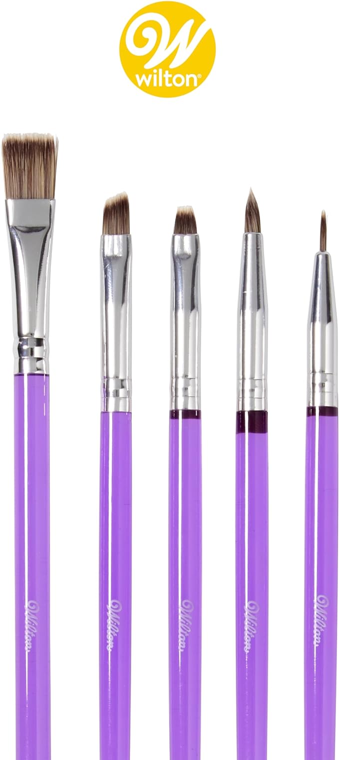 Wilton 5-Piece Decorating Brush Set - Food Safe Decorating Brushes for Dusting Edible Glitter and Painting with Edible Color on Treats, Synthetic Bristles