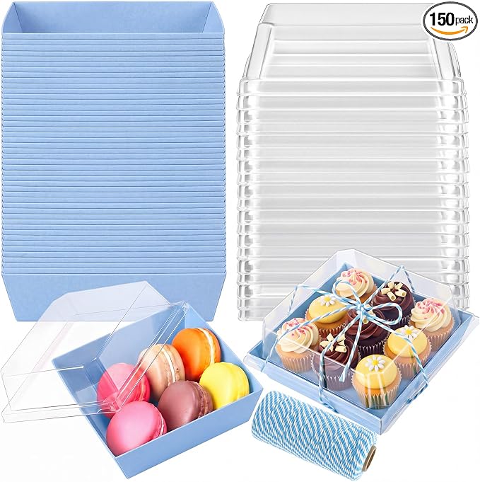 Jetec 150 Pack Charcuterie Boxes with Clear Lids and Rope 4 Inches Cake Disposable Square Dessert Food Box Containers with Lids for Bakery Macaron Cookies Strawberries Fruits Display (Blue)
