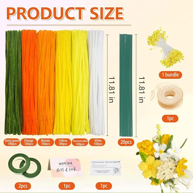 AHAMETON 620Pcs Golden Orange Pipe Cleaner Flower Kit, 6 Colors Bulk Pipe Cleaners Craft Supplies with Wire, Stamens, Ribbon, Tapes, Card, DIY Flower Making for Gifts Home Decor, Party & School Crafts