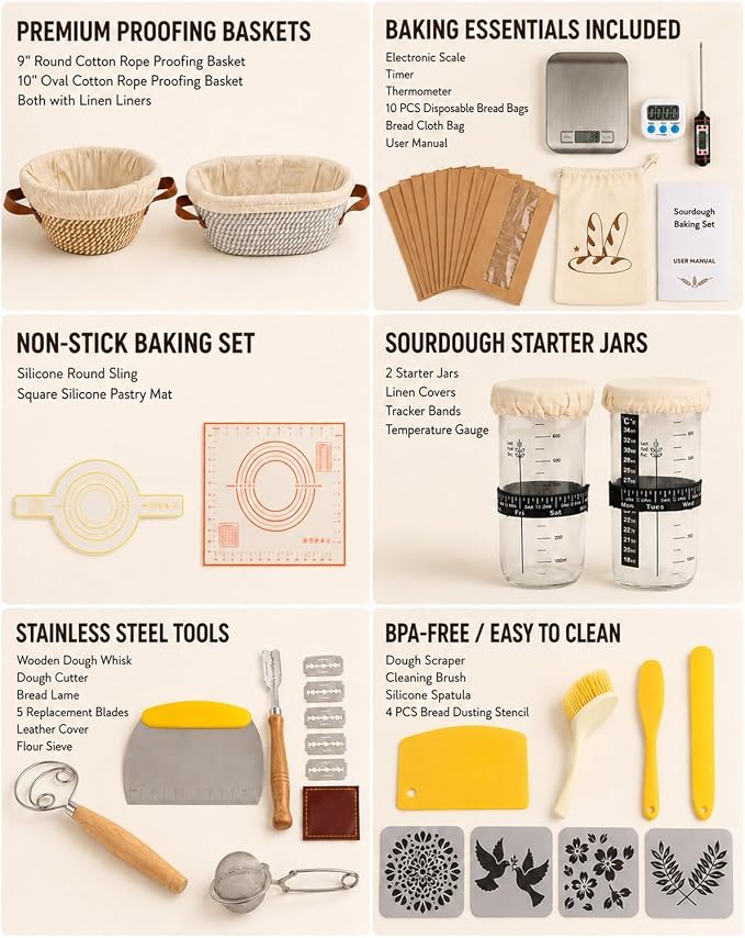 37 PCS Sourdough Starter Kit with Digital Scale, Timer, Thermometer, Bread Baking Supplies Kit, Round & Oval Banneton Proofing Basket Dough Whisk Bread Lame Complete Bread Making Tools Set