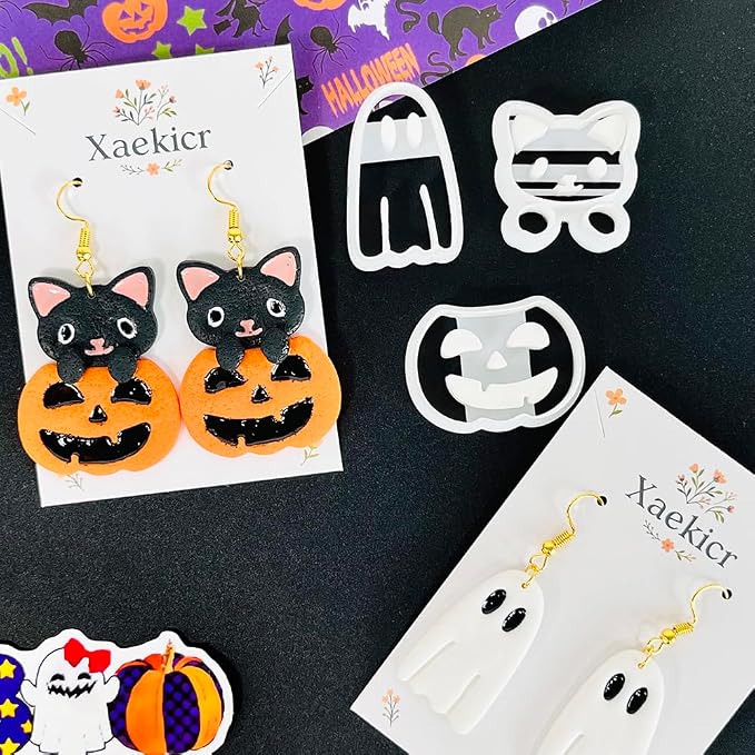Xaekicr 3Pcs Halloween Polymer Clay Cutters Set – Ghost, Pumpkin, Cat | Clay Earring Cutters for Halloween Jewelry DIY | Polymer Clay Molds & Tools for Earrings Making