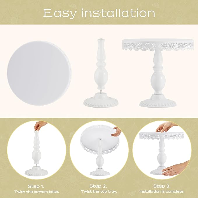 3 PCS White Cake Stands (8"&10"&12" Plate), Cupcake Stand with a lace Hollow Border Metal Cake Stand Set for Birthday Party, Wedding, Anniversary, Baby Shower