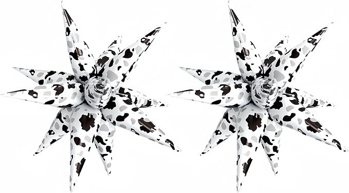 2Pcs Cow Print Star Balloons Party Decorations/32 Inch Black White Explosion Star Foil Balloons for Western, Farm, Barn, Cowgirl, Baby Shower, Birthday Party Supplies (2Pcs White cow pattern)