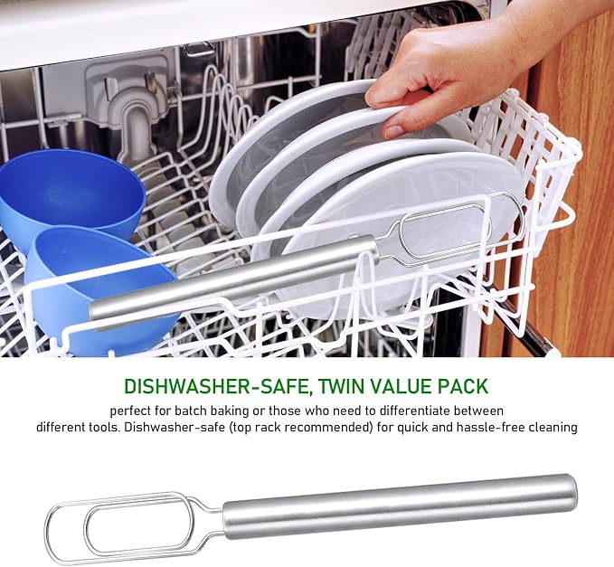 2 Pcs Danish Dough Whisk for Sourdough Starter, Reaches Jar Bottom, 12" Stainless Steel Bread Dough Blender for Baking, Mixing, Pizza Dough, Dishwasher Safe