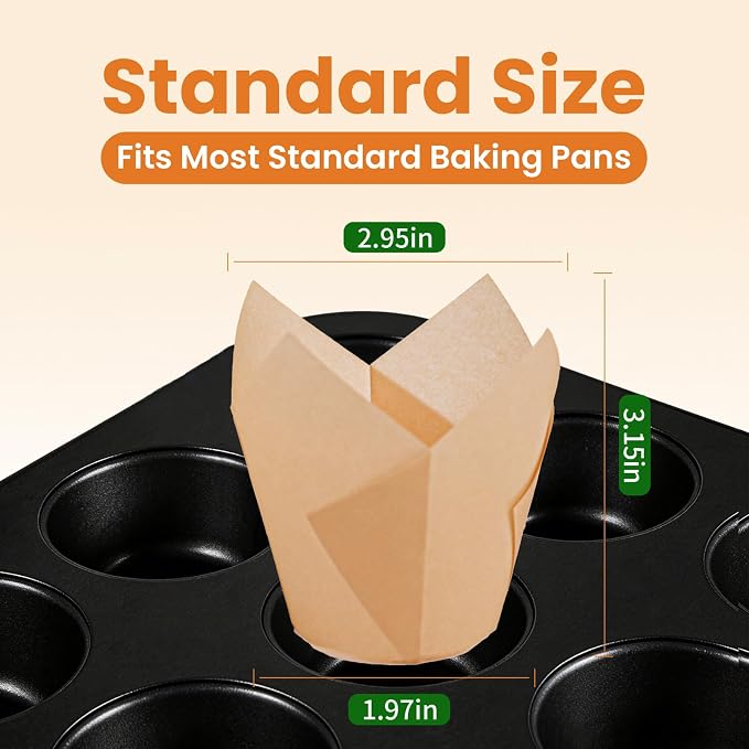 VISRIE 300 Pcs Natural Tulip Cupcake Liners, Unbleached Parchment Paper Baking Cups, Greaseproof & Non-Stick Standard Muffin Liners, Cup Cake Wrappers for Party, Baby Shower & Christmas