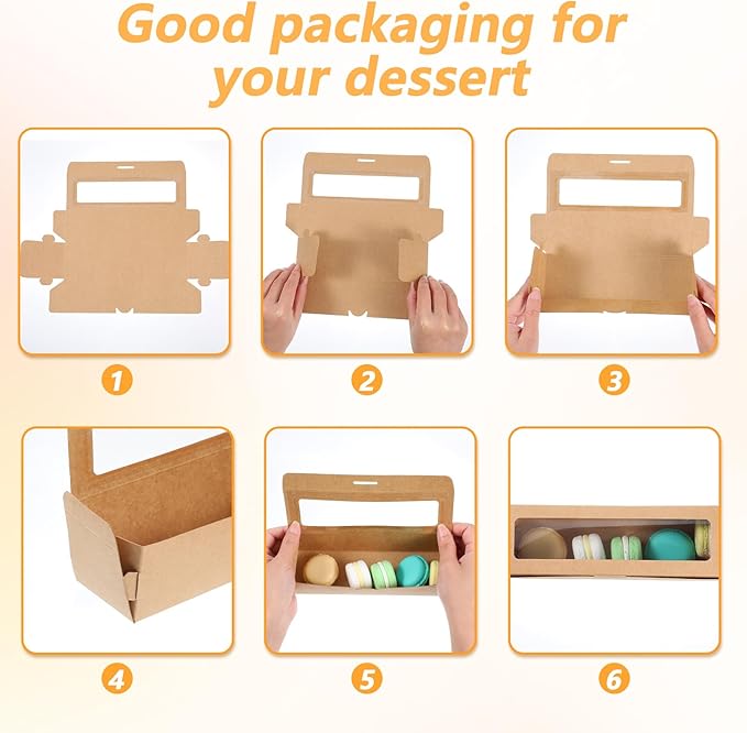 100 Pcs Macaron Boxes with Window Bakery Boxes Long Rectangle Treat Containers for Cookies, Donuts, Pastry, Cookies, Chocolate Covered Strawberry, Brown