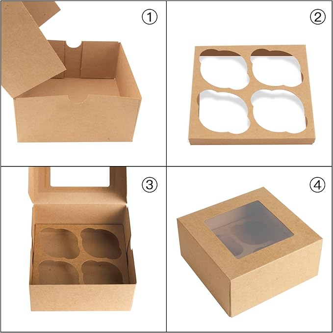 Jotique Cupcake Boxes with Window, 20 Sets 6x6x3 Inch Kraft Paper Bakery Boxes for Cookies and Muffins, Sturdy Disposable Treat Boxes for Individual Pastry, Baked Goods, Gift Giving, Mother's Day