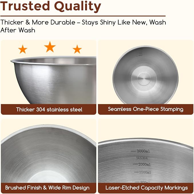 Gronivex 304 Stainless Steel Mixing Bowls, 3-Piece (1.5, 2.2 & 3.4 Qt) | Thicker-Gauge, Food-Grade Metal, Stackable Nesting & Space-Saving – For Kitchen Baking, Salads, Meal Prep, RV & Camping