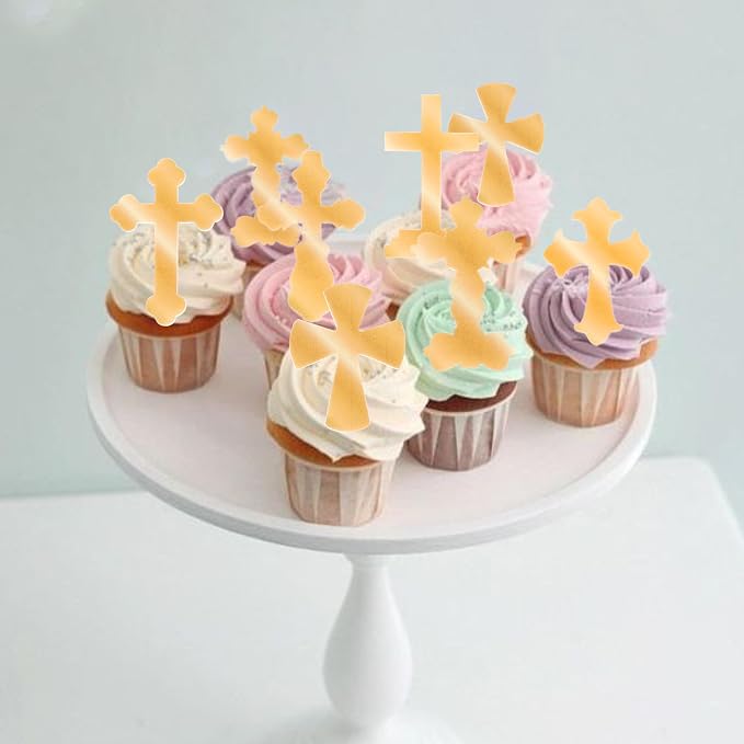 60 PCS Edible Cross Cupcake Toppers Wafer Paper God Bless Cupcake Toppers Edible Baptism Cross Cupcake Picks for Religious Theme Baby Shower Birthday Party Cake Decorations Supplies Retro Gold