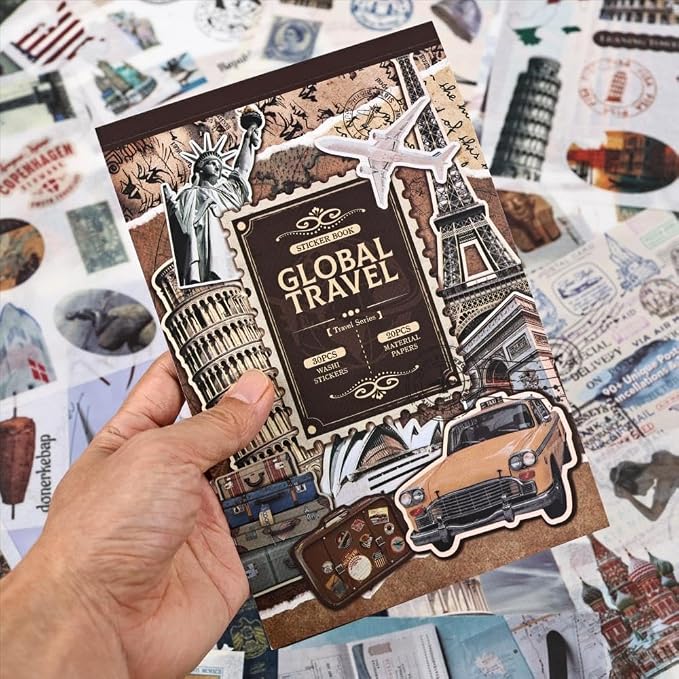 50 Sheets Travel Scrapbook Sticker Book for Scrapbooking, 300+ Washi Stickers with 20 A5 Scrap Book Papers for Journaling, Junk Journal Supplies, Collage, Bujo, Art Crafts