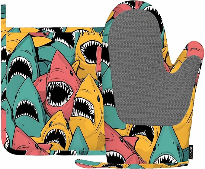 Mxocom Shark Oven Mitts and Pot Holders Sets Sea Ocean Fish Angry Sharks Wide Mouth White Teeth Aqua Silicone Heat Resistant Kitchen Oven Gloves Pot Holder for Cooking