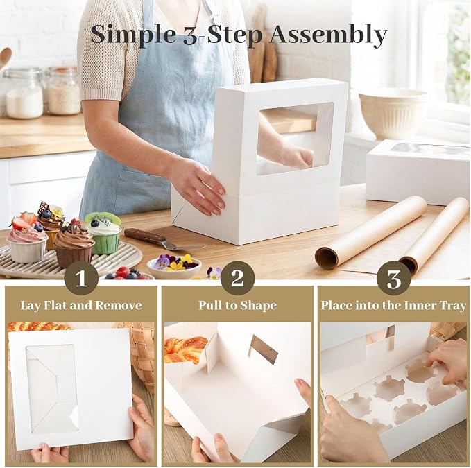 HANSGO 6 Count Cupcake Boxes,6PCS Cupcake Containers with Window White Pastry Boxes for Muffins Pastry Strawberry, Party Supplies 9.5x6.3x3.5 Inch