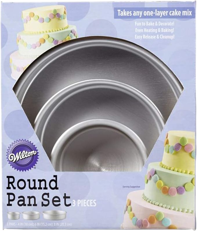 Wilton Aluminum Round Cake Pan Set, 3-Piece for Tiered Cakes, Durable, Even Heating, Rust-Resistant, Professional Bakeware, 4, 6, 8 in., Package May Vary