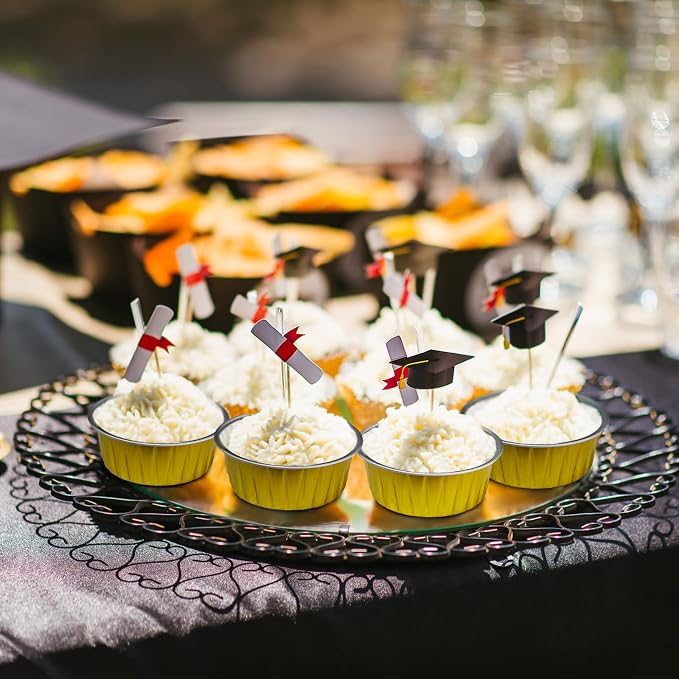 Graduation Party 50Pcs Mini Aluminum Foil Cupcake,5oz Baking Cups with Lids,Mini Cake Pans Disposable,Loaf Pans with Lids,Disposable Ramekins,Tin Cups Containers for Cupcake,Pudding,Muffin (Gold)